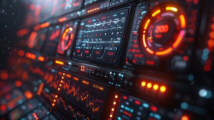 Fototapeta premium An innovative 3D illustration of a marketing analytics dashboard, featuring multiple data charts and graphs, high-tech aesthetics, neon color highlights, user-friendly design, accurate metrics,