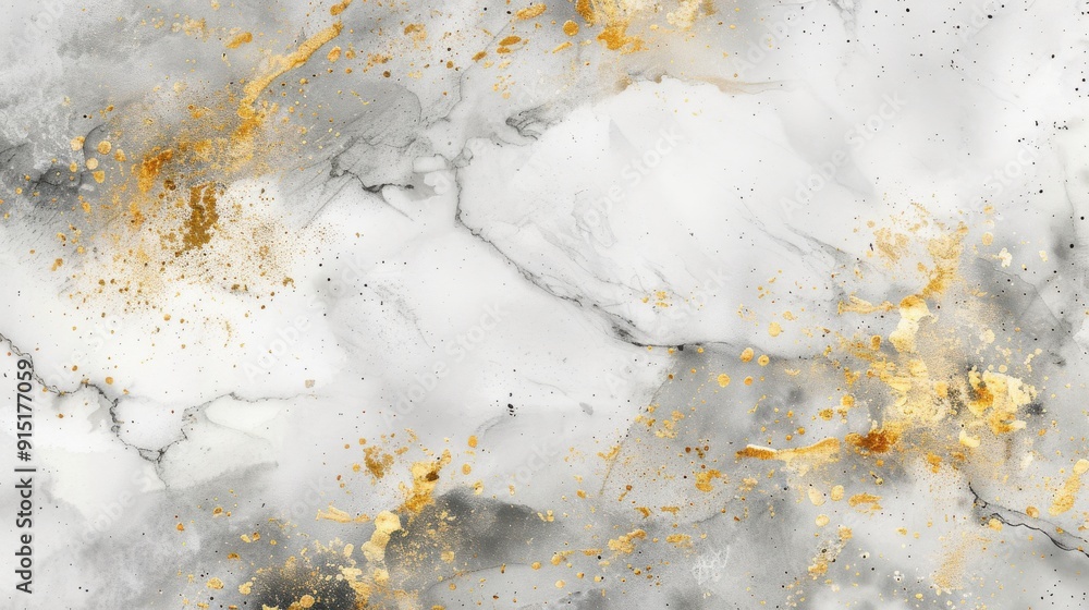 Poster a close-up image of a white marble surface with subtle grey veins and shimmering gold accents scatte