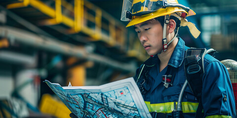 A firefighter in full gear examines a detailed blueprint, likely of a building or facility, in an industrial setting.. asian man