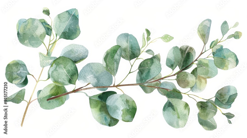 Aufkleber a watercolor painting of a single eucalyptus branch with green leaves on a white background. the bra