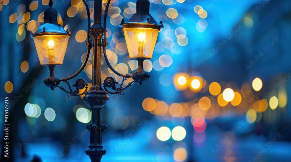 Poster a classic streetlight with three lanterns casts a warm glow onto a blurred city scene at night. the 