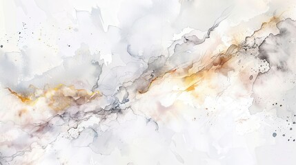 The image features an abstract watercolor painting in shades of gray, white, gold, and black. The colors blend and swirl together, creating a dynamic and textured effect. The painting is dominated by 