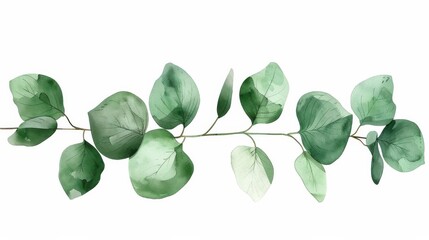 Obraz premium A watercolor painting of a eucalyptus branch with green leaves. The branch is depicted on a white background. The leaves are painted in a realistic style, with details of veins and textures visible.