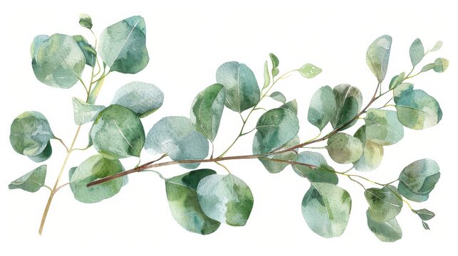 A watercolor painting of a single eucalyptus branch with green leaves on a white background. The branch is painted in a realistic style, with subtle variations in color and texture. The leaves are arr