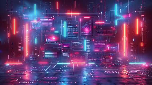 An innovative 3D illustration of content creation, showcasing different types of content like blogs, videos, and infographics, high-tech aesthetics, neon color highlights, user-friendly design,