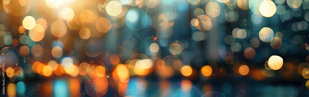 Poster An abstract cityscape at dusk with blurred lights, creating a dreamy and ethereal effect. The warm glow of the lights contrasts with the cool blue hues of the sky, creating a sense of depth and tranqu