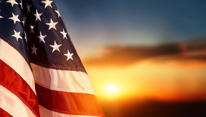 Majestic Sunrise Over an United States Flag Waving in the Foreground, Patriotic Themed Background Banner with Copy Space For Political Topics USA Flag Colors Presidential Election Vote