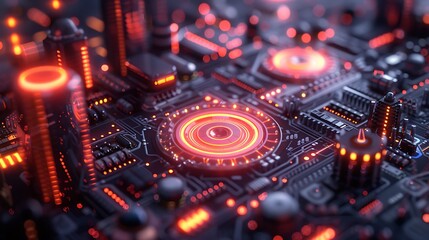 An innovative 3D illustration of marketing automation, showcasing automated workflows with engaging software tools, high-tech aesthetics, neon color highlights, user-friendly design, accurate metrics,