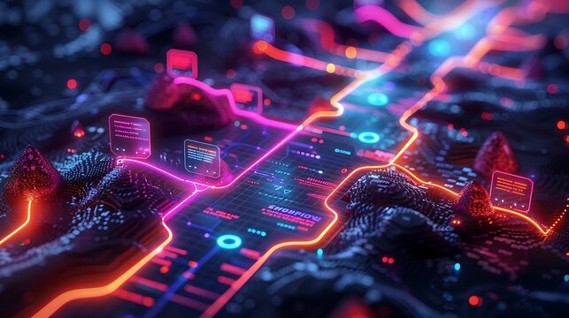 A 3D illustration of a customer journey map, showcasing the stages from discovery to purchase, vibrant colors, sleek design, clear labels, detailed metrics, interactive elements,