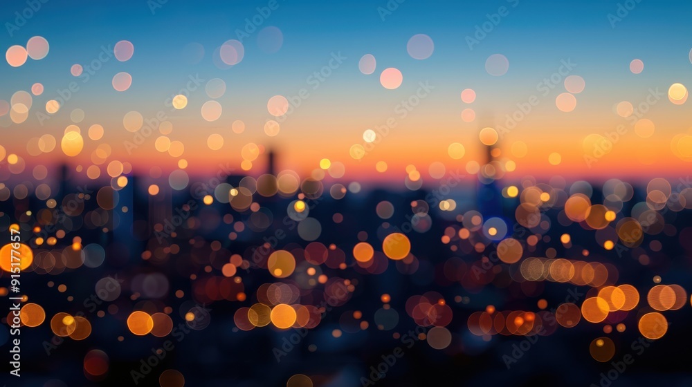 Poster a blurry view of a city at sunset, with the lights of buildings creating a bokeh effect against the 