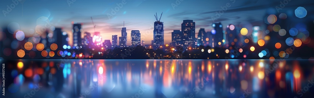 Aufkleber a city skyline with tall buildings is illuminated at dusk. the cityscape is reflected in wet pavemen