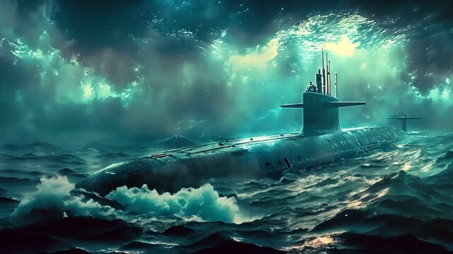 A submarine breaks the surface of the ocean, sunlight filtering through the clouds above.