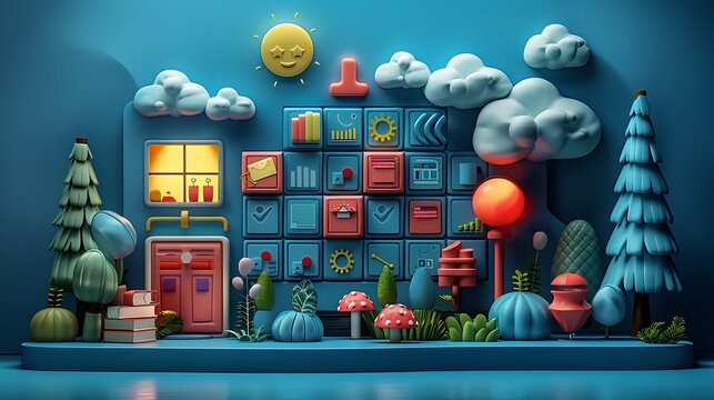 A 3D render of a content marketing calendar, featuring various types of content like blogs, videos, and infographics, vibrant colors, sleek design, clear layout, detailed metrics,