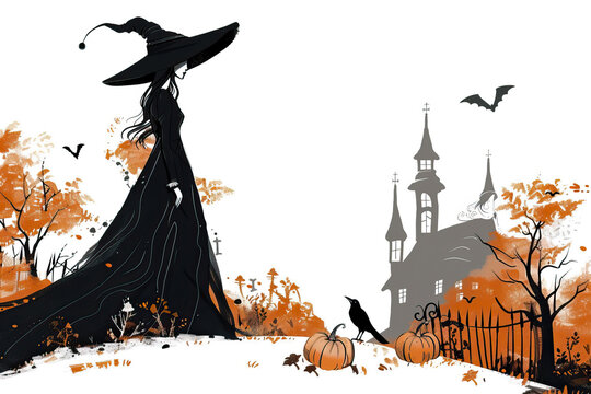 Illustration in minimalist style. A witch with a large pointed hat stands in front of a haunted house. Halloween concept