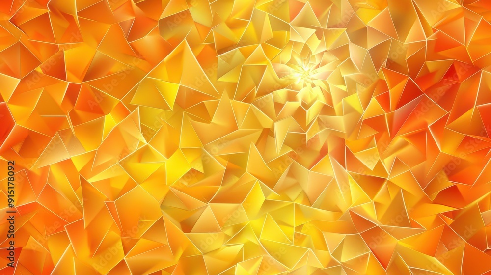 Poster a digitally rendered abstract pattern composed of numerous bright yellow and orange triangles. the t