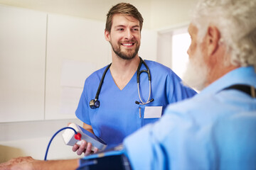 Blood pressure, machine and patient with nurse for checkup, wellness and assessment of heart rate...