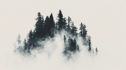 This captivating image showcases the silhouette of tall pine trees enveloped in a mystical mist, set against a stark white backdrop, capturing the serene beauty of nature.