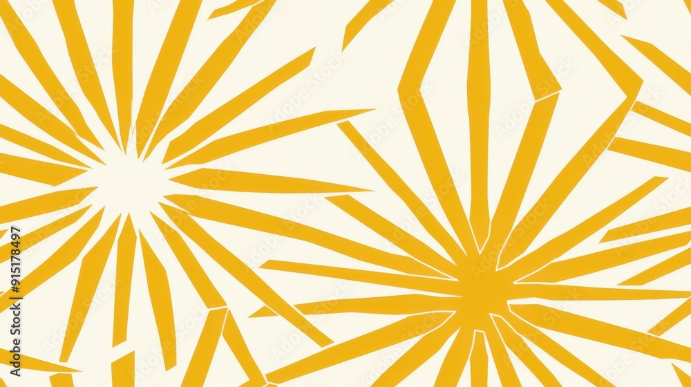 Poster The image features a repeating pattern of stylized yellow starbursts on a white background. The starbursts are composed of thin, jagged lines that radiate outwards from a central point, creating a dyn