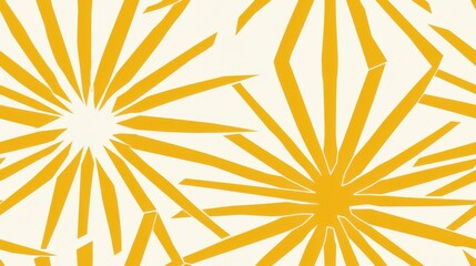 Fototapeta premium The image features a repeating pattern of stylized yellow starbursts on a white background. The starbursts are composed of thin, jagged lines that radiate outwards from a central point, creating a dyn
