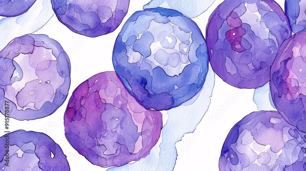 Poster A collection of purple and blue watercolor circles, overlapping and blending gently, creating a harmonious and abstract pattern in a soft and fluid style, ideal for modern decor.