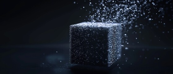 Elegant tech illustration of big data with particles moving from random swarms to converge into one.