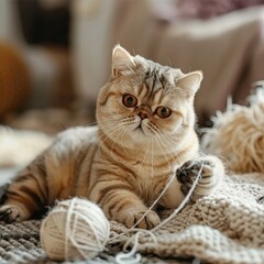 Energetic Exotic Shorthair cat with a plush coat, playing with a ball of yarn in a cozy room filled with soft rugs and pillows. 