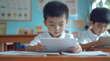 Asian boys focused on using tablets in a classroom setting, highlighting technology in education.
