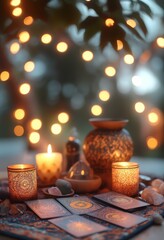 Lit candles and tarot cards on a table with warm bokeh lights in the background