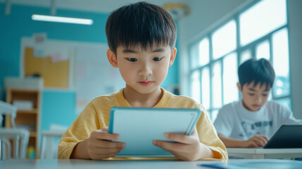 Asian boys focused on using tablets in a classroom setting, highlighting technology in education.