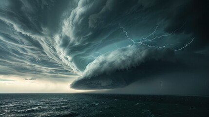 Icredible supercell with lightning and dust storm spinning across water in ocean, sky full of dark storm clouds