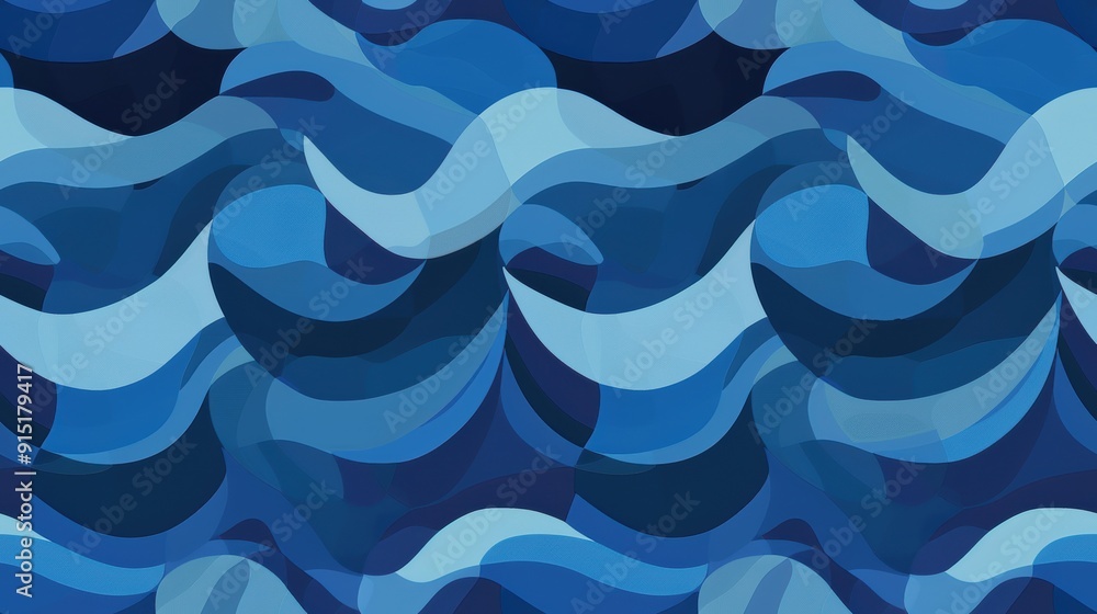 Fototapete A digital illustration of an abstract wave pattern in shades of blue. The waves are layered and overlap, creating a sense of movement and depth. The background is a dark blue, which contrasts with the