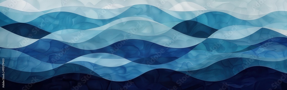 Poster The image depicts an abstract design featuring multiple layers of blue, turquoise, and white waves. The waves are layered in a cascading pattern, creating a sense of depth and movement.