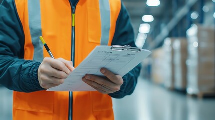 A warehouse worker in a safety vest taking notes on a clipboard, showcasing attention to detail in an industrial setting.