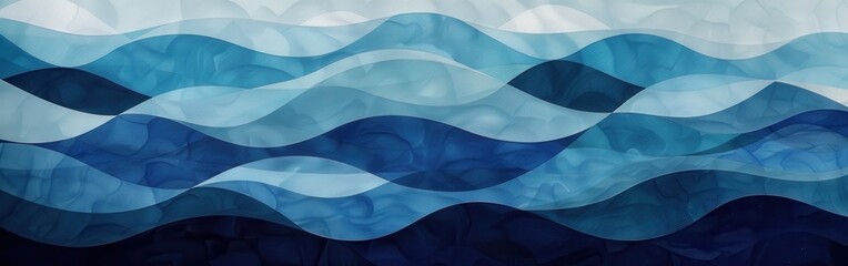 Obraz premium The image depicts an abstract design featuring multiple layers of blue, turquoise, and white waves. The waves are layered in a cascading pattern, creating a sense of depth and movement.