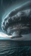 Icredible supercell with lightning and dust storm spinning across water in ocean, sky full of dark...