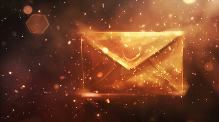 Naklejka premium Illuminated golden envelope amidst sparkling particles.