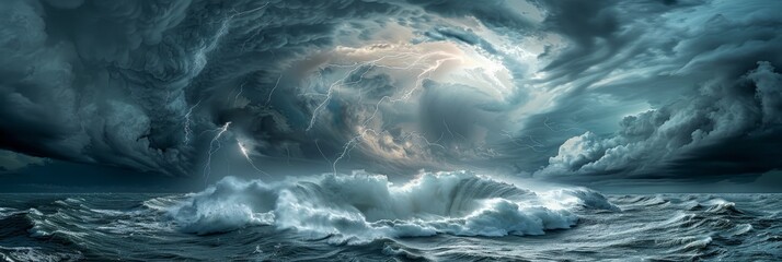 Icredible, huge whirlpool in ocean, sea bellow supercell with lightning and dust storm spinning in sky full of dark storm clouds