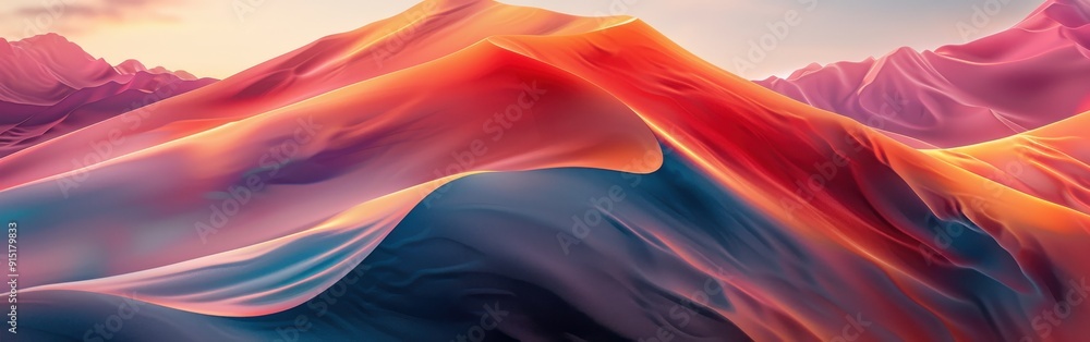 Poster a vibrant sunset bathes a range of colorful mountains in warm, golden light. the peaks and valleys o