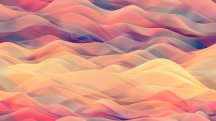 Obraz premium The image depicts an abstract landscape with a series of waves in various shades of pink, yellow, and blue. The waves are layered upon each other, creating a sense of depth and dimension. The colors a