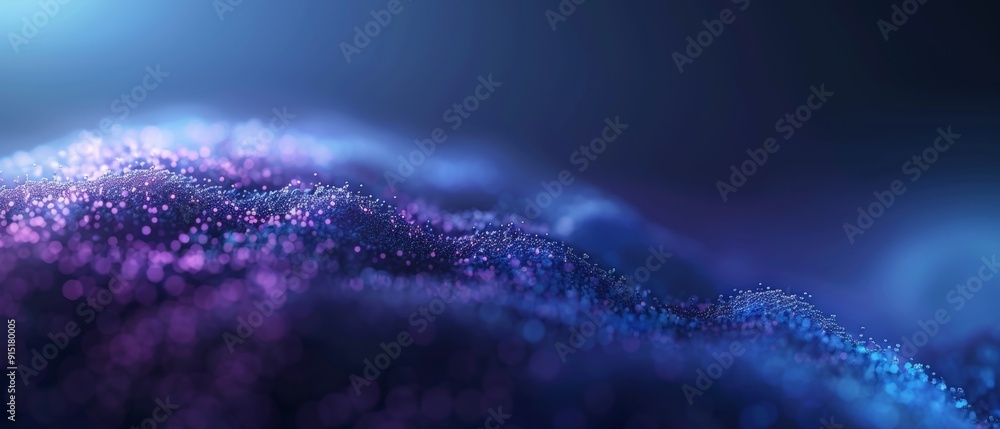 Poster elegant tech illustration of big data with particles moving from random swarms to converge into one.