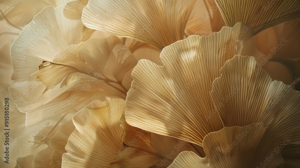 Poster a close-up view of dried ginkgo leaves, their intricate veins and delicate texture highlighted in wa