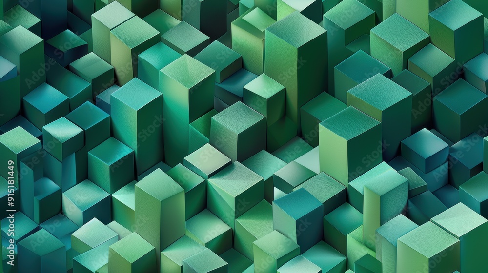 Fototapete A digital illustration of an abstract background featuring an array of green cubes of varying sizes and shades. The cubes are arranged in a seemingly random pattern, creating a dynamic and modern aest