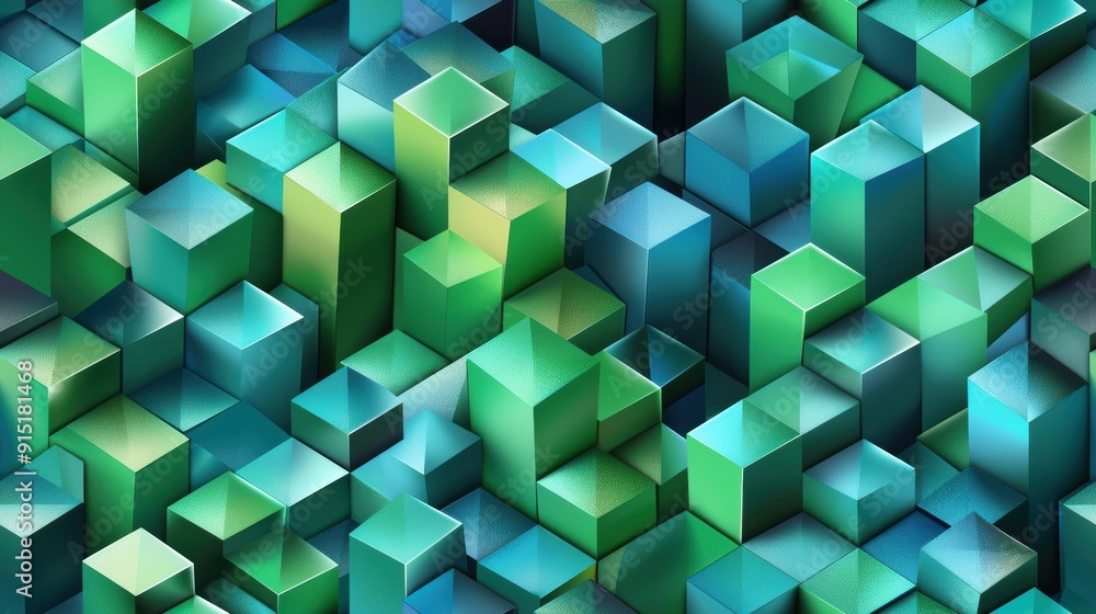 Leinwandbilder An abstract digital art pattern featuring green and blue cubes stacked in a random, chaotic arrangement. The cubes appear to be translucent and overlapping, creating an illusion of depth and movement.