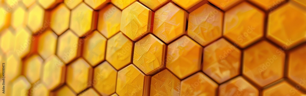 Poster A close-up image of a wall with a honeycomb pattern, featuring hexagonal tiles in a golden yellow color. The tiles are slightly raised and appear to be made of a glossy material, casting subtle reflec