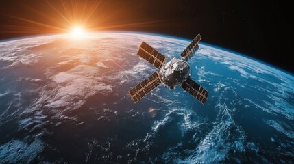 Spacecraft Orbiting Earth at Sunrise