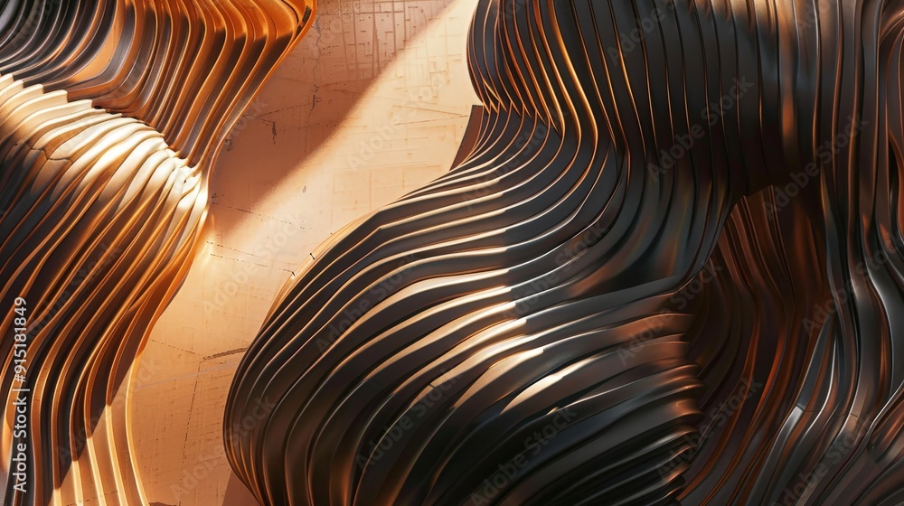 Leinwandbilder Intricately designed sculptures feature flowing lines and deep textures, illuminated by soft, warm sunlight in an artistic environment