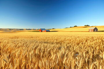Naklejka premium Wheat field glowing under a clear blue sky
