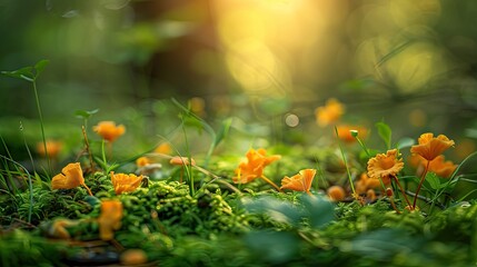 chanterelle mushrooms, scattered on a forest floor covered with moss.