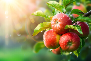 Obraz premium Dewy apples in sunlight on tree