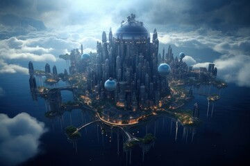 Floating sky city architecture cityscape building.
